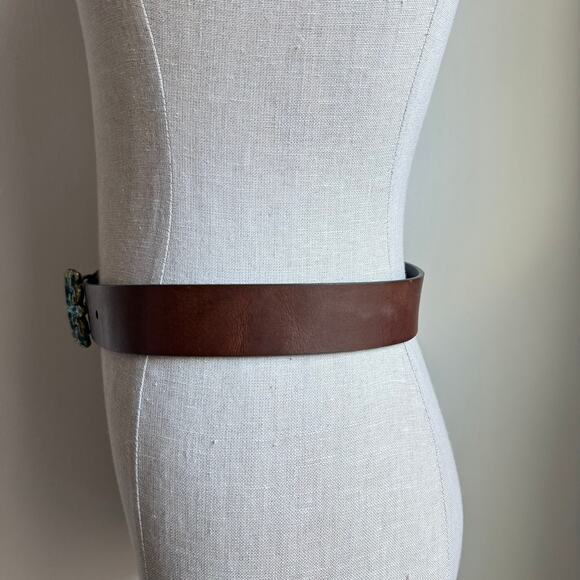 Y2K Brown Leather Belt Floral Rhinestone Buckle Blue Green Western Boho USA Made main image 5